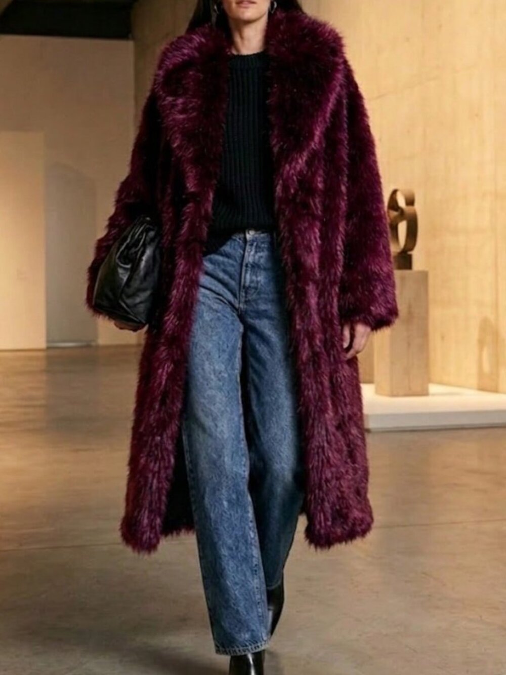 Burgundy Casual Women's Regular Fit Long Faux Fur Coat